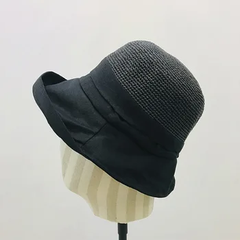 2020 m. Japonijos nėrimo lino susiuvimo šiaudų skrybėlę garbanoti veidrodėliai saulės paplūdimio Kibirą Skrybėlės vasaros baseino skrybėlę mergina floppy skrybėlę 133735