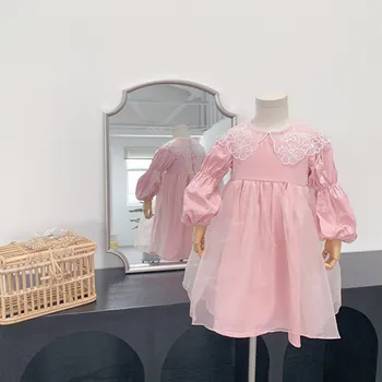 2020 m. Rudenį Kūdikių Mergaičių Kratinys Akių korėjos Stiliaus Suknelė ilgomis Rankovėmis Akių Gėlių atvartas Apykaklės Princesė Dress Vaikams Mielas Suknelė 1110