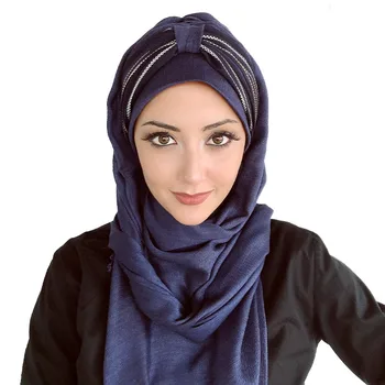 2020 Naujas Moda Hijab Müslüman Başörtüsü Islami Sonbahar Kış Şapka Fular Türban Lacivert Beyaz Çizgili Büzgü Detaylı Hazır Şal