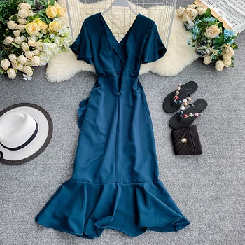 2021 Slim Mados Asimetriškas Raukiniai V Kaklo Vasaros Midi Ilgio Suknelė Šalies Moterų Atsitiktinis Elegantiškas Suknelės Nereguliarus Paplūdimio Vestidos