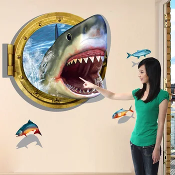 3D Ryklys Sienos Lipdukas Laukinių Gyvūnų Vandenyno Krekingo Sienos Menas, Lipdukas Berniukas Mergaičių Miegamasis Povandeninį Pasaulį Decal Freskos Namų Dekoro