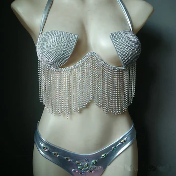 4 Spalvų Prabangūs Bikini Nustatyti Moterų Bling Diamante Karnavalas Liemenėlė Pasėlių Viršuje Kristalų Kelnaitės Rave Festivalyje 