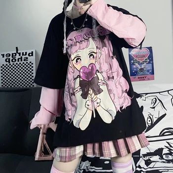 Anime Mergina Spausdinti Moterų Viršūnių 2021 M. Pavasario Vasaros Prarasti False Dviejų dalių Gotikos Stiliaus Japonų Long Sleeve T-shirt Kawaii Studentas 92272