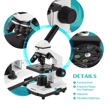AOMEKIE Biologinis Mikroskopas 64X-640X su Telefono Laikiklį Aukštyn/Žemyn LED Apšvietimas HD skirtos Skaidrėms Žiūrėti Mokslą Dovana 129194