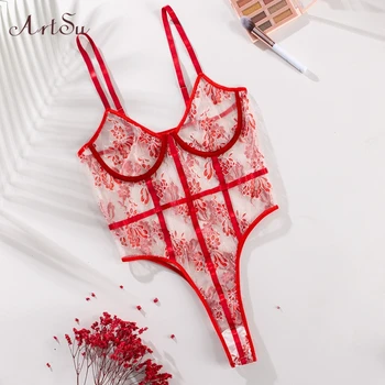Artsu Red Sexy Nėrinių Gėlių Siuvinėjimas Bodysuit Moterims, Apatinis Trikotažas Rinkiniai Šalis, Skaidrus Organas Matyti Per Rompers Moters Kūno Kostiumas