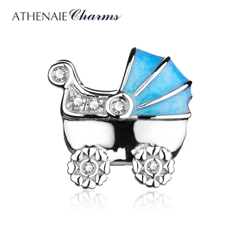 ATHENAIE 925 Sterlingas Sidabro su CZ Šviesiai Mėlyna Emalį Kūdikio Vežimėlis Granulių Pakabukai