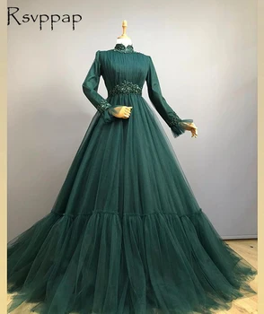Aukšto Kaklo, Ilgomis Rankovėmis Musulmonų Smaragdas Žalia Vakarinę Suknelę 2020 Elegantiškas Zawalcowany Aplikacijos Dubajaus Moterų Oficialią Šalies Chalatai 154608
