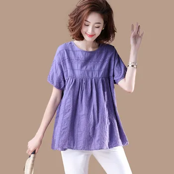 Aukštos Kokybės Medvilnės Marškinėliai Moterims Vasaros Prarasti Atsitiktinis Viršūnes Naujų 2020 M. Korėjos Stiliaus Tuščiaviduriai Iš Siuvinėjimo Moteris, Palaidinės, Marškinėliai P1254 149349