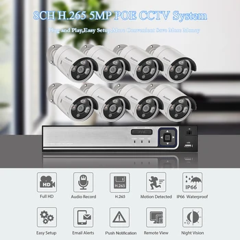 AZISHN H. 265 8CH 5MP POE Saugumo kamerų Sistema, Rinkinys, Veido aptikimas Garso Įrašo IP Kamera Lauko CCTV Vaizdo Stebėjimo NVR Rinkinys 5837