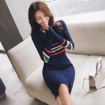 B825-2019 m. rudenį temperamentas apvalios kaklo juostele spalvų stora paketo klubo megztas megztinis-suknelė