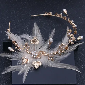 Baroko Vintage Gold Crystal Rožančiai Vainikėliai Plunksnų Pearl Gėlių Headb Kalnų Krištolas Vinjetė Moterų Nuotaka Vestuvių Plaukų Aksesuarai 11762