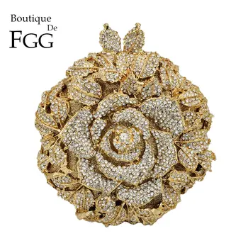 Boutique De FGG Elegantiškas Rožių Gėlių Moterų Kristalų Vakarą Sankabos Krepšiai Nuotakos Gėlių Rankinės ir Piniginės Vestuves Diamond Krepšys