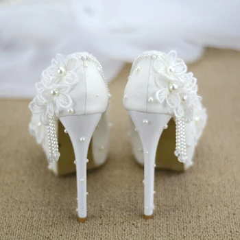 Bridesmaid, batai vestuvių suknelė balta nėrinių saldus gėlių kutas moterų moteriški batai 6cm 8cm 11cm 14cm aukšto kulno Didelis dydis 43 437