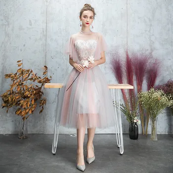 Bridesmaid Dresses Pink-Line Siuvinėjimo Vestuves Suknelė Perlai Nėrinių Viršų Elegantiškas Vestido V-Kaklo Arbata-Ilgis Oficialų Suknelė R054