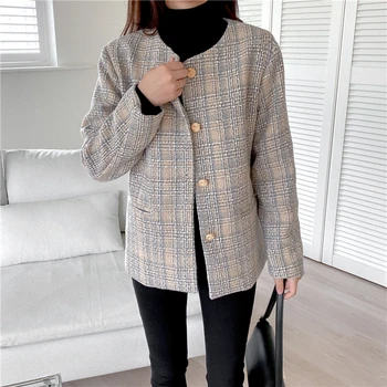 CBAFU korėja prarasti tvido švarkas vilnoniai paltai moterims ilgomis rankovėmis, o ant kaklo vieno krūtinėmis pledas outwears rudens žiemos drabužių F997