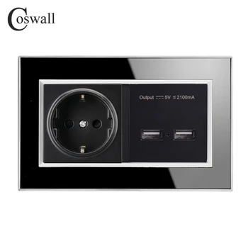 Coswall Juoda 146 Tipas 16A ES Lizdas, Maitinimo Lizdas, USB Dual Smart Įkrovimo lizdas 2.1 Sieninis Įkroviklis Adapteris Akrilo Skydelis 90317