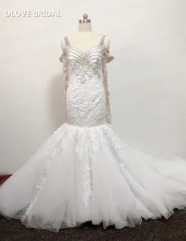 Crystal Zawalcowany Undinė Vestuvių Suknelė Ilgomis Rankovėmis Nėrinių Nuotakos Suknelė 10442