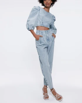 Derliaus Stilingas Trumpas Stiliaus Plisuotos Denim Palaidinės Moterims 2020 Mados Atgal Užtrauktuką Sluoksniuotos Rankovėmis Marškiniai, Elegantiškos Pasėlių Viršuje Blusas Mujer