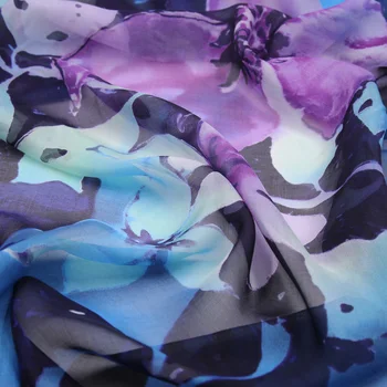 Didelis Mėlynos ir violetinės spalvos gėlių spausdinti, gryno šilko šifono šilko audinio suknelė vien,SCF160 114080