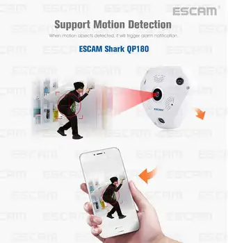 ESCAM Fisheye Kameros Palaikymo VR Lauke QP180 Ryklys 960P IP WiFi vaizdo Kamera 1.3 MP 360 Laipsnių Panoramines Infraraudonųjų spindulių Naktinio Matymo Kamera 30138