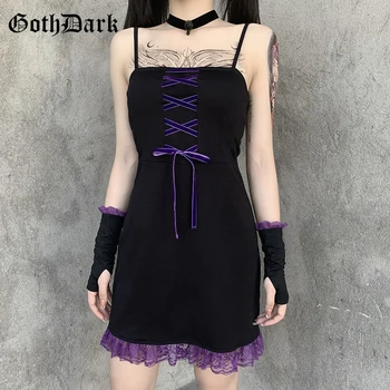 Goth Tamsiai Vintage Tvarstis Gotikos Nėrinių Kratinys Juodos Suknelės Rankovės Atskirti Rufflues Hem Backless Mini Suknelė Moterims Rudenį 160222