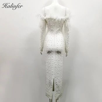 Halinfer 2019 Naujų Rudens moterų suknelė seksualus bodycon Velniop kaklo Plunksnos Duobute tvarstis suknelė elegantiškas garsenybių suknelės, šaliai
