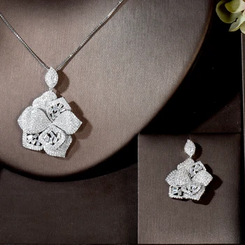 HIBRIDE Paprastos Konstrukcijos Gėlių Formos Visą Kubinių Zirconia Karoliai, Auskarai Nustatyti Baltos Spalvos Dubajus Indijos Vestuvių Suknelė JewelryN-1675
