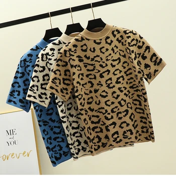 HWLZLTZHT Leopardas Spausdinti Megzti Marškinėliai Moteris, Didelis Dydis Marškinėliai, Kvėpuojantis rusijos Moterų marškinėliai Rudenį Spausdinti marškinėlius Moterims