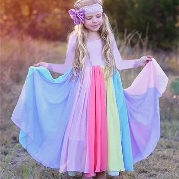 Ilgomis rankovėmis Kūdikiams, Vaikams, Tinklinio Suknelės Mergaitėms Vaivorykštė Spausdinti Princesė Dress 2020 Naujų Vaikų Rudens ir Žiemos Drabužių