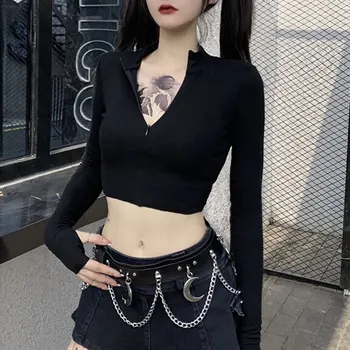 InsDoit Punk Streetwear Užtrauktukas Black Marškinėliai Moterims Harajuku Gotikos Bodycon Long Sleeve T Shirt Rudenį Prašmatnus Golfo Apkarpyti Viršūnes
