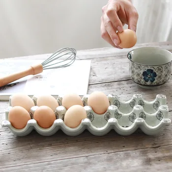 Japonijos glazūra spalva keramikos 12 tinklelis atskirti kiaušinių dėklas Stačiakampio formos kiaušinių patiekalas Virtuvės buitinė saugojimo dėžutė 92008