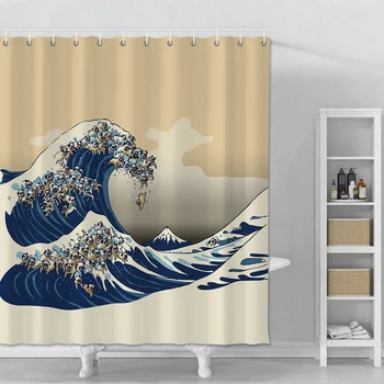 Japoniško stiliaus Baltos spalvos Dušo Užuolaida Spausdinami Vandenyno Bangų Vonios kambarys Poliesteris Dušo Užuolaidos Su Kabliukais Vandeniui Dušo Užuolaidos 173985
