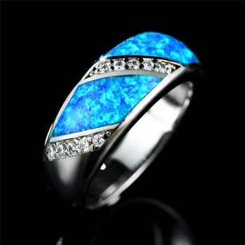 JUNXIN Boho Apvalios Baltos Blue Fire Opal Žiedai Moterys Sidabro Spalvos Cirkonis Žavesio Dalyvavimas Vestuvių Žiedas Papuošalai