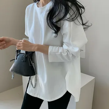Korėjiečių Japonų Balti Marškinėliai Moterims 2020 Mados Atsitiktinis Pavasarį Ilgai Rankovės O Kaklo T-Shirt Prarasti Elegantiškas Viršų Ropa Mujer Marškinėliai