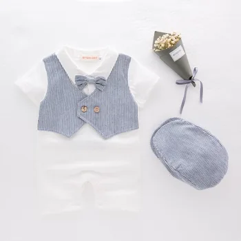 Kūdikių ir vaikų drabužiai berniukas džentelmenas rompers + hat dryžuotas chalatas, trumparankoviai jumpsuit / romper + kepurė 94859