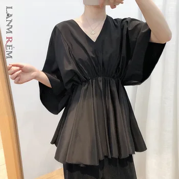 LANMREM rudenį nauji marškinėliai moterims šifono pusė rankovės famale drabužiai 2021 V-kaklo batwing rankovės elegantiškas viršūnes didelio dydžio 2A088ML