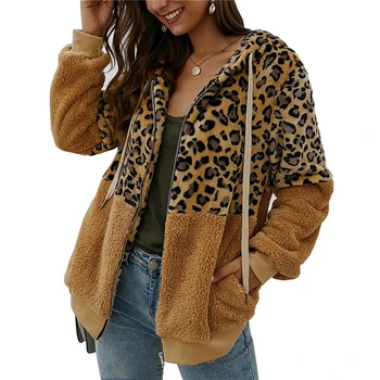 Leopard Kratinys Moterų Kailis Rudenį Gobtuvu Ilgomis Rankovėmis Kišenės Outwear Pliušinis Žiemą Šiltas Ponios Paltas
