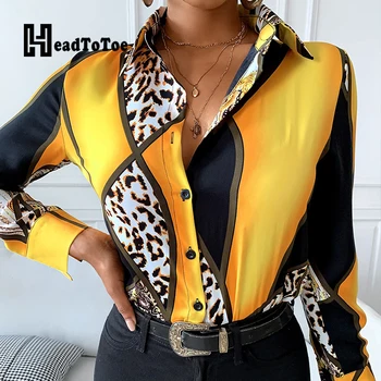 Leopard Kratinys Spausdinti Vintage Mados Marškinėliai Moterims Ilgomis Rankovėmis Pasukite Žemyn Apykaklės Slim Viršūnes Moterims 113314
