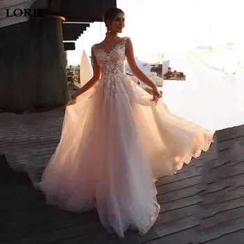 LORIE Nėrinių Vestuvių Suknelės 2020 Linijos, Seksualus, o Kaklo 3D Gėlės Nuotakos Suknelė Princesė Vestuvių Suknelė Nemokamas Pristatymas chalatas de mariee