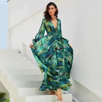 Maxi suknelė moterų 2020 m. naujų moterys vasarą šifono suknelė mados lapų spausdinta ilga suknelė boho žibintų rankovėmis beach suknelė plius dydis 3246