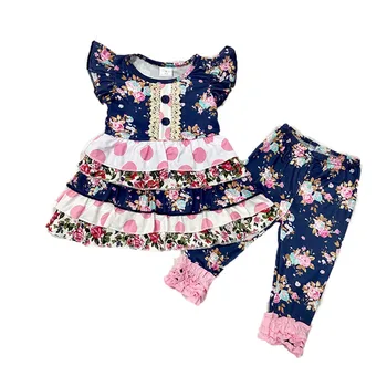 Maža mergaitė drabužių boutique trumpomis rankovėmis tunika viršuje ir antblauzdžiai 2vnt nustatyti mergina gėlių modelio drabužių rinkinys