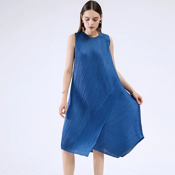 Miyake Plisuotos suknelė 2021 m. vasarą berankovis suknelė korėjos suknelė mėlyna Nesimetriškas plius dydis moterų Liemenė priežastinis estetinės suknelė 154976