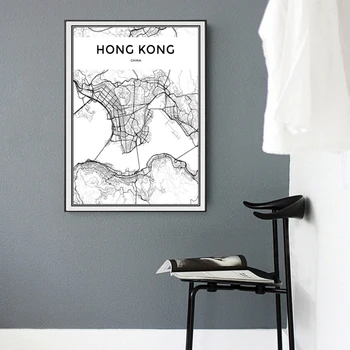 Modernios Sienos Meno Honkongo Žemėlapis Drobė Paveikslų, Juodos ir Baltos spalvos Šiaurės Plakatus Spausdina Nuotraukos Kambarį Namų Dekoro be Rėmelio 5926