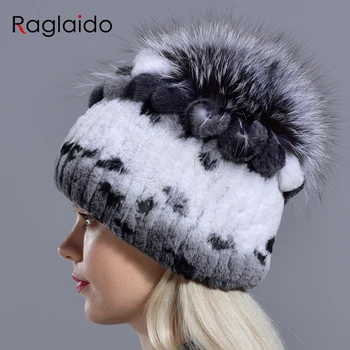 Moteriški kailiniai skrybėlės triušį rex gėlių fox pompom gamtos žiemą kepurės megztos rankomis siuvami šiltas, madingas tikro kailio kepurę
