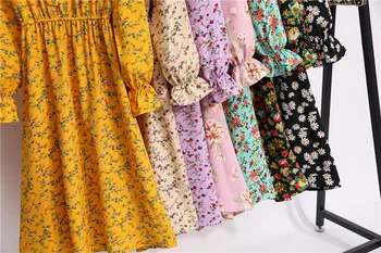 Moterų Gėlių Spausdinti Atsitiktinis Šifono Suknelės 2020 M. Pavasarį, Rudenį Moterų Derliaus Blyksnius ilgomis Rankovėmis Lankas Midi Suknelė Mujer Vestidos 474