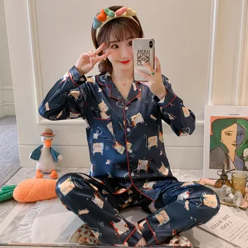 Moterų Pižamos Nustatyti Animacinių Filmų Ledo Šilko Satino Pajama Ilgomis Rankovėmis Sleepwear Cute Girl Pižama 110387