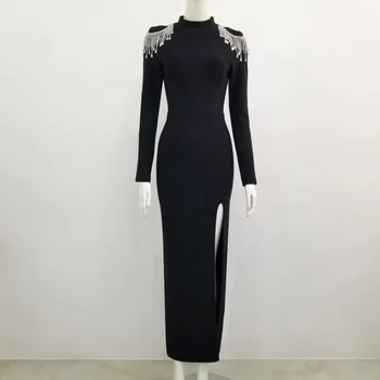 Moterų Žiemos Seksualus Backless Ilgomis Rankovėmis Deimantų Kutas Ilgai Bodycon Tvarstis Suknelė 2020 Elegantiškas Vakare Šalies Klubas Suknelė Vestidos