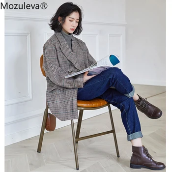Mozuleva 2020 Japonijos Tinklelis T dvieiliai Kišenės Anglija Stiliaus Moterims Švarkai Žiemos Drabužių Moterims Pledas Moterų Blazers
