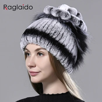 Natūralaus kailio kepurės triušis fox purus kailis gėlių beanie skrybėlių žiemos moterys šiltas earflap kepurės vertus siuvami moterų originali tikro kailio kepurės