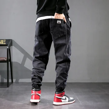 Naujai Mados Žiemą Šiltas Džinsai Vyrams, Palaidi Tinka Spliced Dizaineris Pločio Kojų Haremo Kelnės Cargo Kelnės Streetwear Hip-Hop Poilsiu 11276